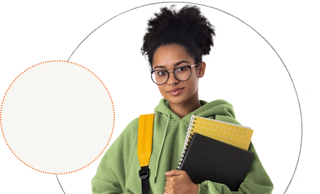 Girl holding books and a backpack